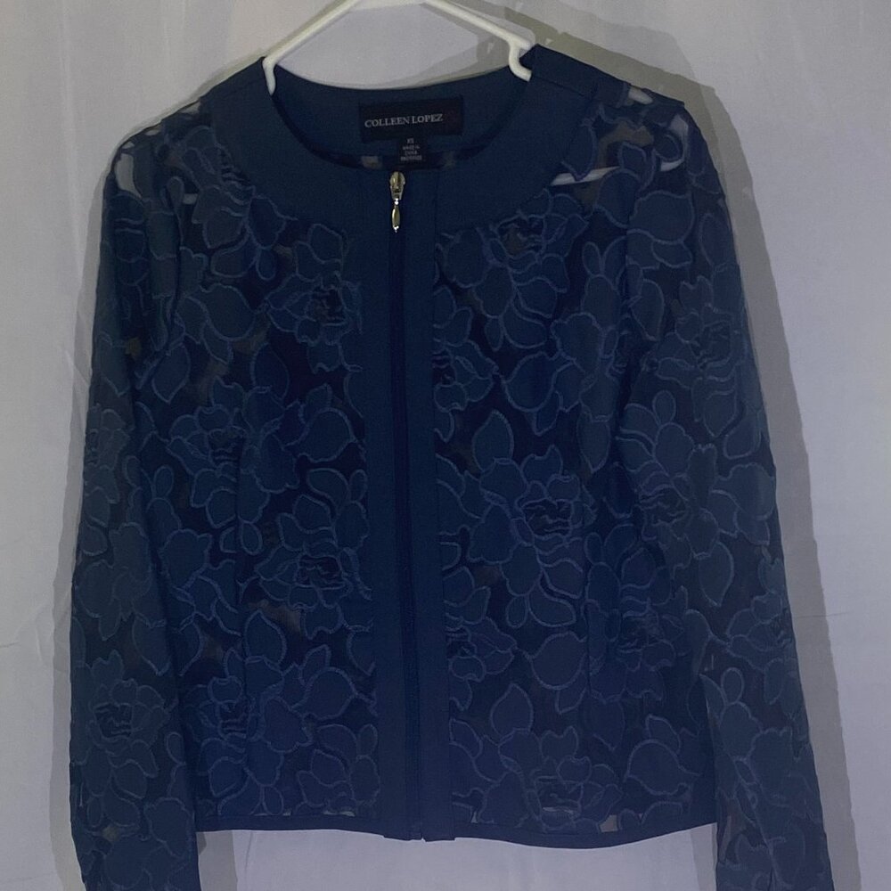 Colleen Lopez Blue Best Dressed Faux Leather and Mesh Jacket
